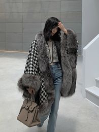 OFTBUY Neue Mode Jacke Winter Frauen Capes Ponchos Echt Silber Fuchs Fuchs Pelz Kragen Tweed Schal Mantel Mantel Plaid Dicke warme