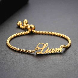 Designer Jewellery Personalised Custome Name Bracelet for Women Girls Box Chain Links Stainless Steel Arabic Letter Bangle Adjustable