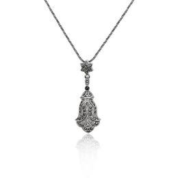 925 Silver Small Bell Marcasite Pendant Necklaces for Women Men Fashion Black Round Agate Jewellery for Party Accessories