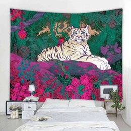 Home Room Decoration Painting Psychedelic Forest Tapestry Girl Tiger Moon Style J220804
