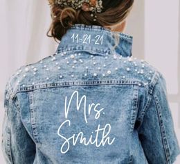 Personalised Statement Denim Bridal Jacket Custom Name Pearl Detailing MRS Date Placement on Collar Bride Gift 220818