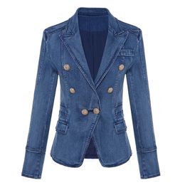 HIGH QUALITY Fashion Designer Blazer Women s Metal Lion Buttons Double Breasted Denim Jacket Outer Coat 220818