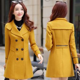 Autumn Winter Women s Woollen blends Jacket Korea Double Breasted Slim Mid Length Coat Solid Casual Female Outwear Trench 220818