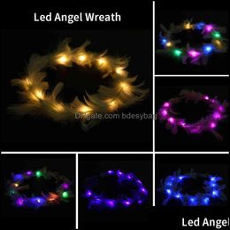 Decorative Flowers Wreaths Led Luminous Feather Wreath Headband Garlands Girls Light Up Hair Gifts Wedding Party Crown Flo Bdesybag Dhkzf