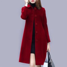 Fashion Ladies Wool Coat Autumn Winter Mid Length Single Breasted Slim Blended Woollen Overcoat Red Blue Black Women Jacket 220818