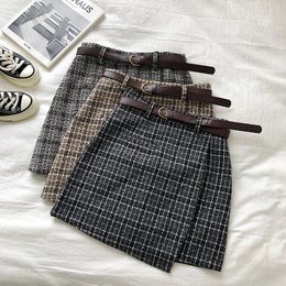 Korean Irregular Lady Skirt Female Autumn Sweet High Waist Aline Mini Skirt Vintage Casual Women Plaid Skirt Chic Sashes L220818