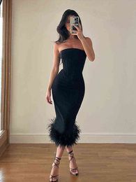 Woman Sleeveless Feather Tube Top Dress Solid Tight Sexy Fashion Elegant Wrap Dress Women 2022 Summer Party Club Midi Robe T220816