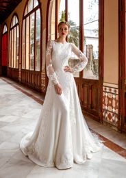 Classic A-Line Wedding Dresses Lace Satin Long Sleeves High Neck Backless Appliques Sequins Beads Plus Size Lace 3D Ruffles Bridal Gowns Train robe custom made