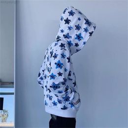 Fashion star print oversized hoodie men's autumn and winter 2022Y2K streetwear commuter loose zipper top couple models Y220818