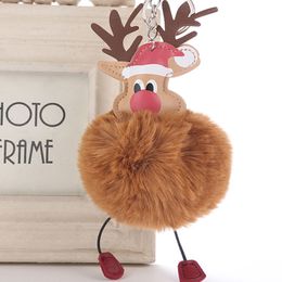 Fluffy Pompom Keychains Pu Leather Reindeer Key Chain Artificial Rabbit Fur Ball Keyrings Women Car Bag Key Ring Holder