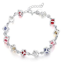 Sterling Sier Multicolor Square AAA Zircon Chain Bracelet For Women Wedding Engagement Party Fashion Jewellery