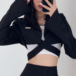 Sylcue Hong Kong Flavour Cool Girl Dark Funeral High Waist Cross Tie Long Sleeve Suit Women All Match Fashion Silm Short Jacket 220818