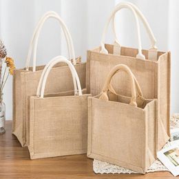 Reusable Burlap Tote Bags Women Jute Beach Shopping Grocery Bag with Handle for Bridesmaid Wedding