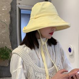 Spring Summer Tie Bucket Hat Women Korean Version Big Brim Fisherman Hat Foldable Sunshade Sunscreen Cotton Beach Hat Ladies Y220818