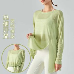 One-sided Split Long Sleeve Yoga Top Blouse Women's Summer Lightweight Sports Shirt Loose Running Fitness Breathable Suit