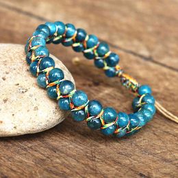 Designer 6mm Apatite Stone Beads Braided Bracelet Double Layer Bangle Women Men Handmade Jewelry Friendship Strand Charm