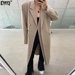 EWQ Korean Chic Autumn Winter Suit Collar Double Placket Design Loose Knee Length Black Coat Women Fashion 16E4543 220818