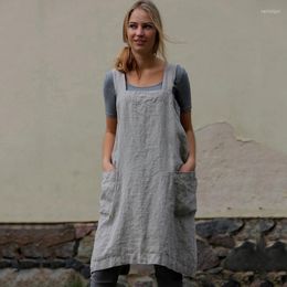 Cotton Linen Cross Apron Garden Work Pinafore Dresses Women Square Collar Suspender Dress Overall Pocket #Y5