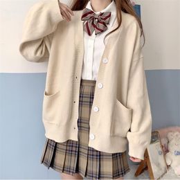 HOUZHOU Japanese School Basic Sweaters Women Autumn Kawaii Solid Vneck Loose Knitted Cardigan Preppy Style JK Uniform Cosplay W220817