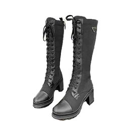 Winter Women Knee High Boots Black Chunky Heels Lace Up Martin Booties Triangle Motorcycle Designer Boot For Woman