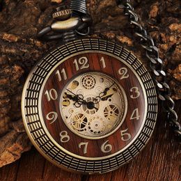 Relojes de bolsillo Vintage círculo de madera tallado número esfera reloj mecánico hombres único hueco Steampunk bronce reloj ChainPocketPocket