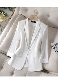 Ladies White Black Blazer Summer Half Sleeve Thin Women Jacket Female Korean Style V neck Office Suit Coat Clothing 220818