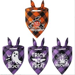 Halloween Dog Bandanas Reflective Pet Kerchief Scarf Plaid Triangle Bibs Washable Cat Scarves Ghost Skull Dogs Bandana for Halloween Party Pets Costume