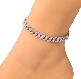 Women Anklets Bracelet Iced Out Cuban Link Anklets Bracelets Gold Silver Pink Diamond Hip Hop Anklet Chain Jewellery