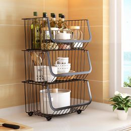 Hooks & Rails Fruit Vegetable Basket Stand Wire Storage Cart With Wheels Stackable Snack Organiser Produce Bins Rack For KitchenHooks