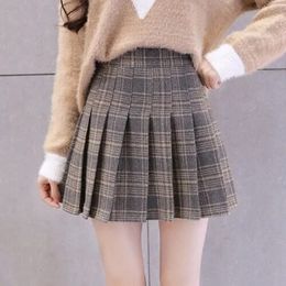 Women Autumn Winter Mini Skirt Thick Warm Woolen Plaid A Line High Waisted Students Pleated Short s 220818