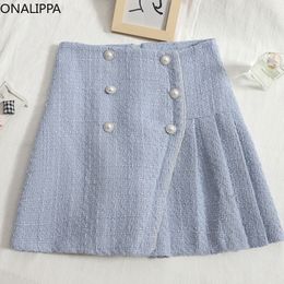 ONALIPPA Women Skirt Korean Autumn Winter chic Temperament Double Breasted High Waist Thin Aline Tweed Pleated Skirts 220818