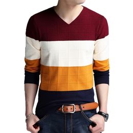 BROWON Brandsweater Autumn Mens Long Sleeve Slim Sweaters Vneck Fit Sweater Striped Bottom Sweaters Large Size M4XL 220817