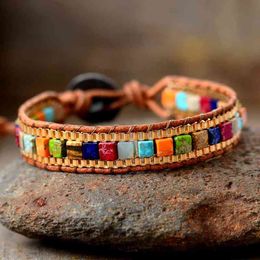 Bangle Designer Creative Women Wrap s 7 Chakra Stones Gold Chain Woven Leather Bracelet Bohemian Statement Teen Girls Jewellery Dropship