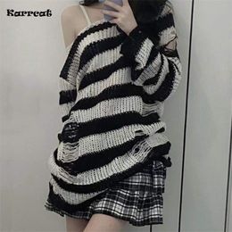 Karrcat Punk Gothic Long Sweater Women Dark Aesthetic Striped Pullovers Hollow Out Oversized Grunge Jumpers Emo Alt Clothes Y2k W220817