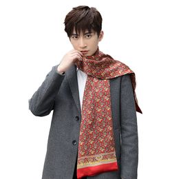 100% Silk Paisley Scarf Men Long Double Layer Neckerchief Red Brown Grey Black