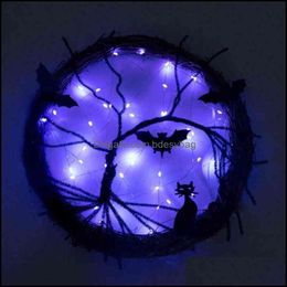 Decorative Flowers Wreaths Horror Wreath With Light Glowing Rattan Door Decor Glow In The Dark Knocker Bat Halloween Home Bdesybag Dhh4N