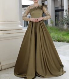 Chic Arabic Dubai Muslim A Line Evening Dresses Floor Length Satin Long Sleeves Special Occasion Gowns Ruched Appliques Islamic Prom Party Dress