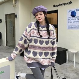 Vintage Leisure Womens Clothing Sweater Lazy Wind Purple Crew Neck Pullover Winter Long Sleeves HeartShaped Knitting Tops W220817