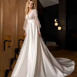 Classic A-Line Wedding Dresses Lace Tulle Puffy Long Sleeves Deep V Neck Backless Appliques Sequins Beads Plus Size Satin Ruffles Bridal Gowns Train robe custom made
