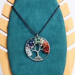 Nature Stone Tree Of Life Pendant Necklaces For Women Leather Chain Amulet Statement Men Energy Strands Jewelry