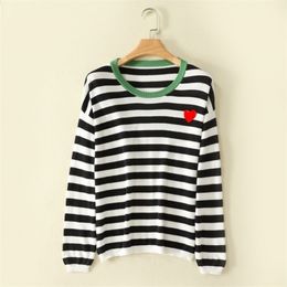with eyesWomen pure cotton Sweater Heart ONeck Pullover stripe with heart Embroidery Long Sleeve Knitwear Top W220817