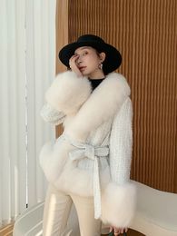 OFTBUY New Winter Jacket Women Wool&Blends Belt Coat Natural Real Fox Fur Collar Black White Plaid Thick Warm Streetwear