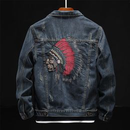 Prowow Fashion Streetwear Men Jacket Retro Blue Indian Chief Embroidery Denim Jackets Size M 6XL Hip Hop Punk Coats 220818