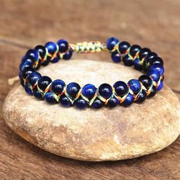 Bangle Designer Handmade 6mm Blue Tiger Eye Stone Beads Braided Bracelet Women Men Friendship Strand Charm Bohemian Jewelry