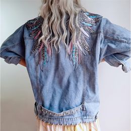 TEELYNN Long Sleeve Denim Jacket Women Coat Vintage Wings Applique Embroidery rivet Cotton Autumn Boho Tassel Jeans OutWear 220818