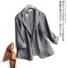 Suit Blazer Basic Cotton Linen Three Quarter Single Button Women's Jacket Spring Korean Fashion Casual Short Jackets Coat 220818