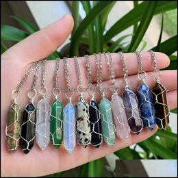 Arts And Crafts Reiki Healing Jewellery Mticolor Natural Stone Pendant Wire Wrap Hexagonal Amethysts Quartz Crystal Pendum C Sports2010 Dhgud