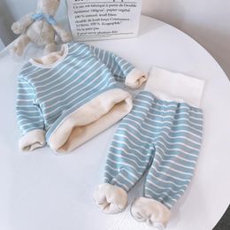 Clothing Sets Boys And Girls Baby Striped Suit High Waist Autumn Winter Plus Velvet Pyjamas Home Service SuitClothing