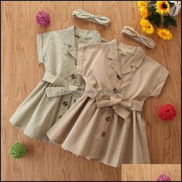 Girls Dresses Summer Causal Dress Kids Belt Single-Breasted Short Sleeve With Headband Children Mxhome Drop Delivery 2021 Baby Mxhome Dhbre