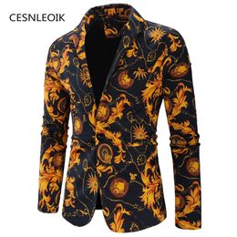 Fashion Men Floral Printing Blazer Slim Party Single Breasted Suit Jacket Long Sleeve Coat 220819